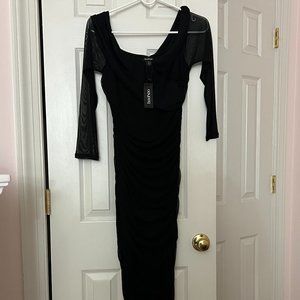 Ruched Mesh Off The Shoulder Maxi Dress in Black